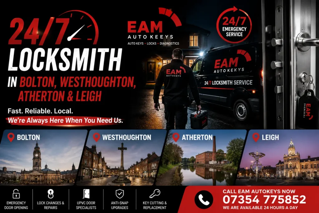 24/7 domestic and auto locksmith in bloten, westhoughton, atherton & legih 
eam auto keys uk