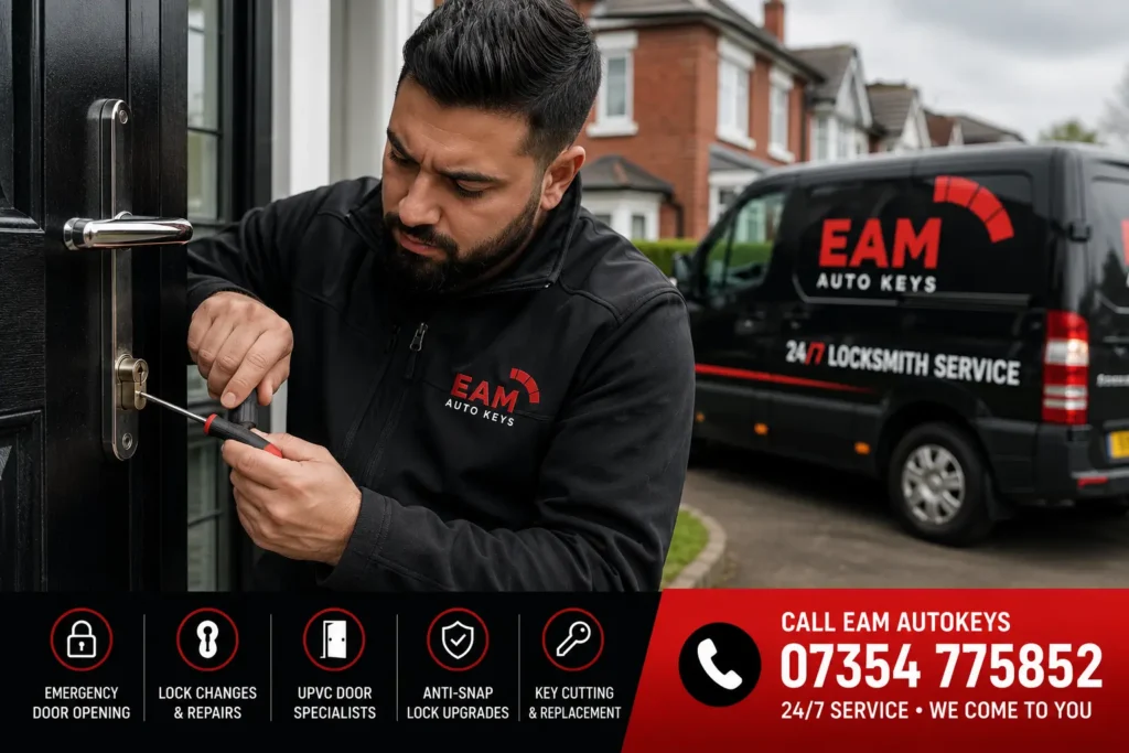 EAM Auto Keys locksmith working on a front door with tools, showcasing 24/7 domestic locksmith services in Bolton, Heywood, Middleton, and Prestwich