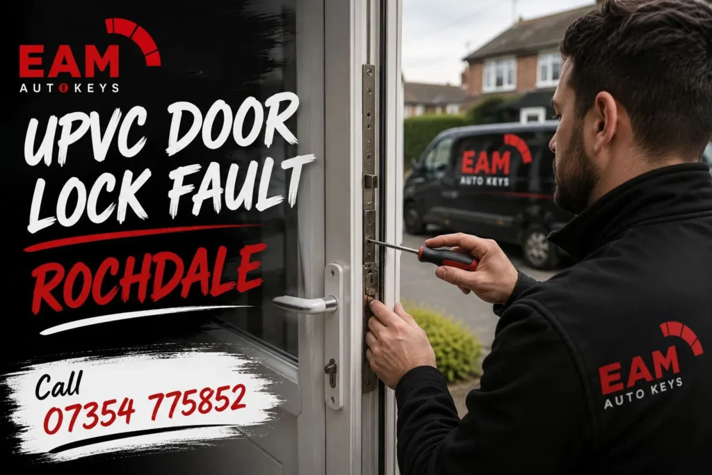 EAM Auto Keys locksmith repairing a faulty UPVC door lock in Rochdale