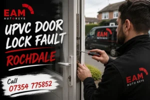 EAM Auto Keys locksmith repairing a faulty UPVC door lock in Rochdale