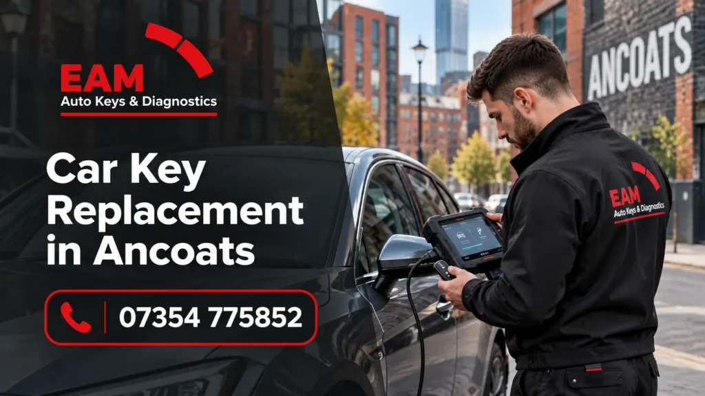 EAM Auto Keys locksmith programming a replacement car key beside a vehicle in Ancoats, Manchester.