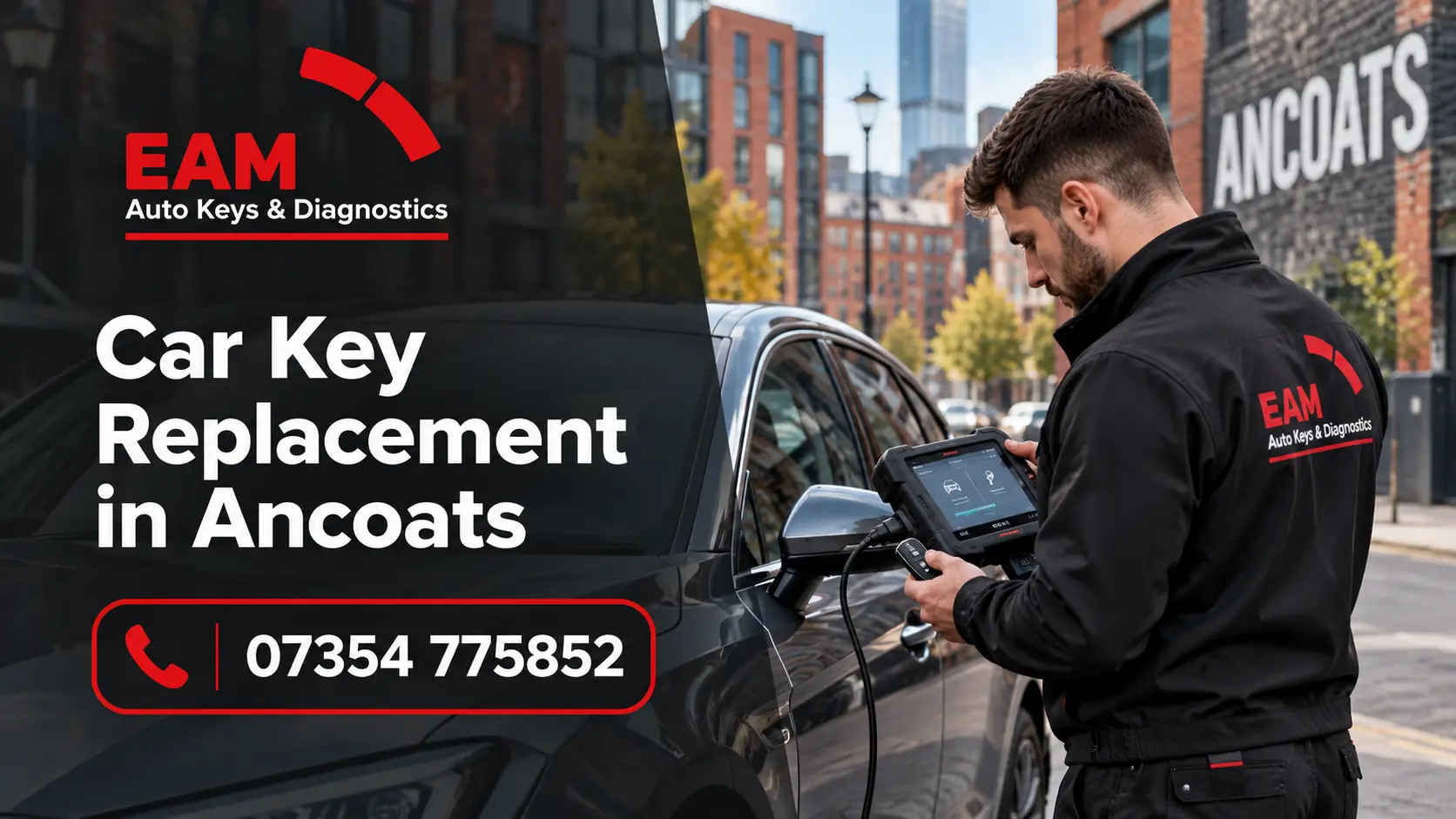 EAM Auto Keys locksmith programming a replacement car key beside a vehicle in Ancoats, Manchester.