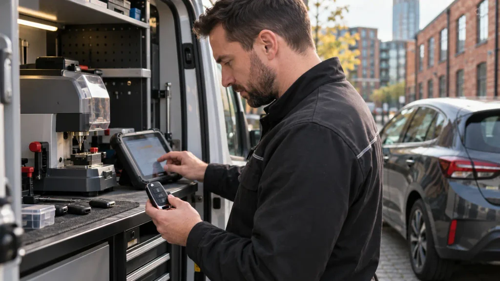 Mobile auto locksmith cutting and programming a replacement car key in Ancoats, Manchester.